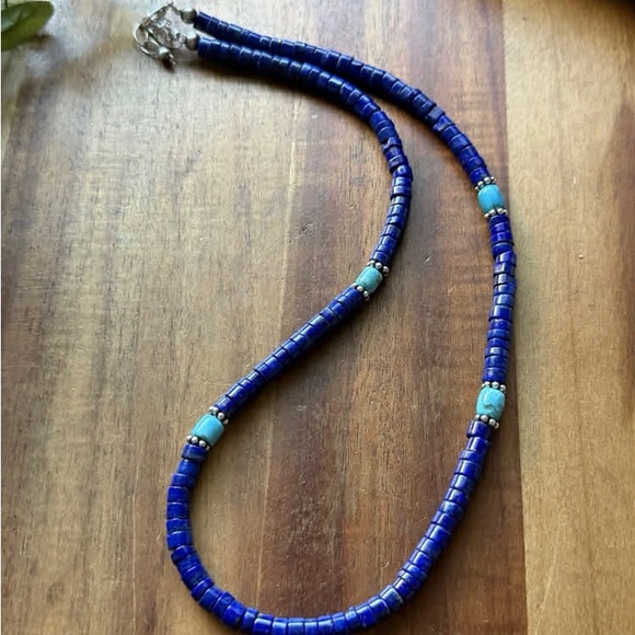 Sterling Silver Heishi Lapis Turquoise Bead Necklace. 18 inch. Gift - Picture 11 of 12